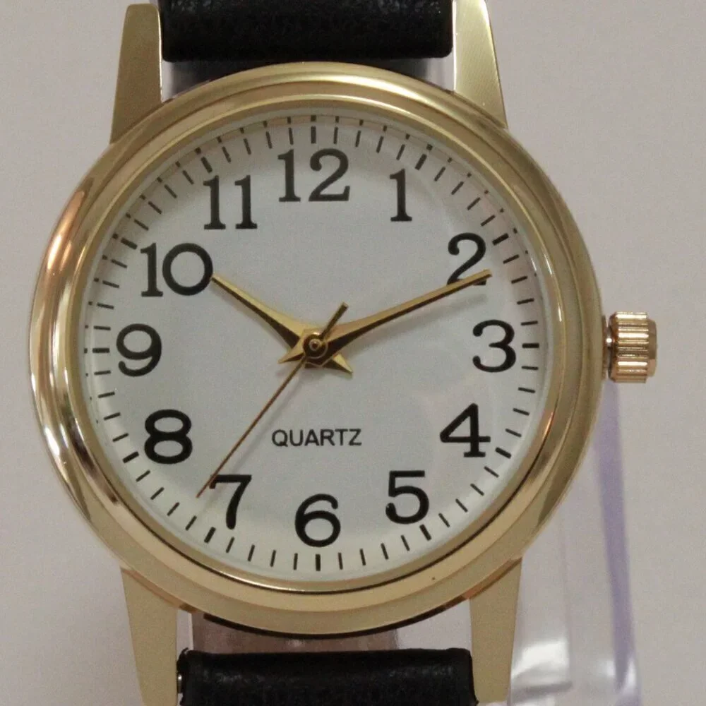 Ladies Easy Reader Dress Quartz Watch Gold-toned Black Strap White Dial 28mm
